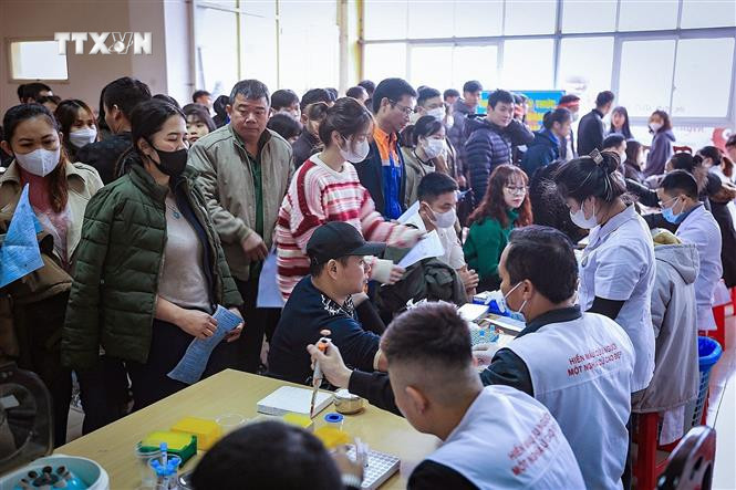 Rất đông các tình nguyện viên đăng ký hiến máu tại chương trình. Ảnh: Trọng Đạt-TTXVN vna_potal_chuong_trinh_“chu_nhat_do”_va_ngay_hoi_“xuan_hoa_binh”_lan_thu_viii_nam_2024_7202141.jpg