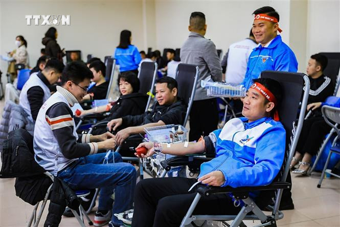 Bí thư Tỉnh đoàn Hòa Bình Nguyễn Duy Tư (ngoài cùng) tham gia hiến máu tại chương trình. Ảnh: Trọng Đạt-TTXVN vna_potal_chuong_trinh_“chu_nhat_do”_va_ngay_hoi_“xuan_hoa_binh”_lan_thu_viii_nam_2024_7202148.jpg