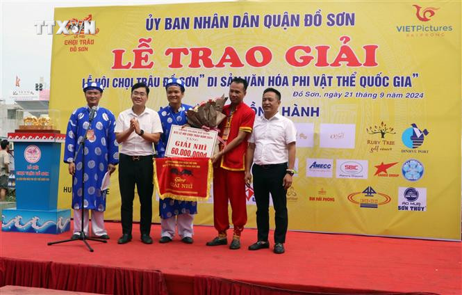 Trao giải Nhì cho trâu số 07 của ông Nguyễn Ngọc Hùng, phường Ngọc Sơn. Ảnh: Hoàng Ngọc - TTXVN vna_potal_le_hoi_choi_trau_thuc_day_phat_trien_du_lich_do_son_7608637.jpg
