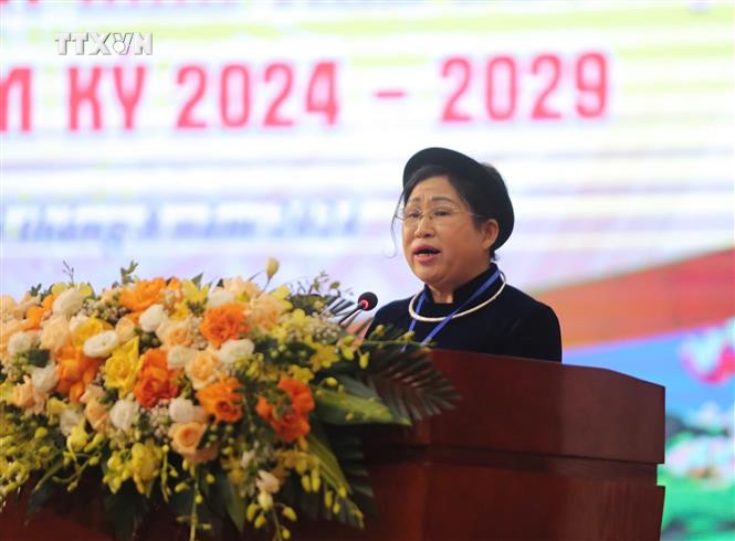 Bà Phương Thị Thanh - Phó Bí thư thường trục tỉnh ủy Bắc Kạn phát biểu chỉ đạo tại Đại hội. Ảnh TTXVN phát vna_potal_dai_hoi_dai_bieu_mat_tran_to_quoc_viet_nam_tinh_bac_kan_lan_thu_vii_7519651.jpg