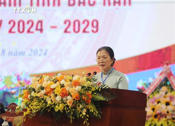 Phó Chủ tịch Uỷ ban Trung ương Mặt trận Tổ quốc Việt Nam Trương Thị Ngọc Ánh phát biểu tại Đại hội. Ảnh TTXVN phát vna_potal_dai_hoi_dai_bieu_mat_tran_to_quoc_viet_nam_tinh_bac_kan_lan_thu_vii_7519652.jpg