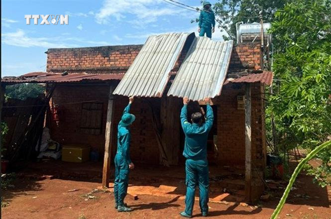 Lực lượng dân quân hỗ trợ người dân khắc phục hậu quả lốc xoáy. Ảnh: TTXVN phát vna_potal_binh_phuoc_khan_truong_khac_phuc_ho_tro_nguoi_dan_bi_anh_huong_do_giong_loc_7433300.jpg