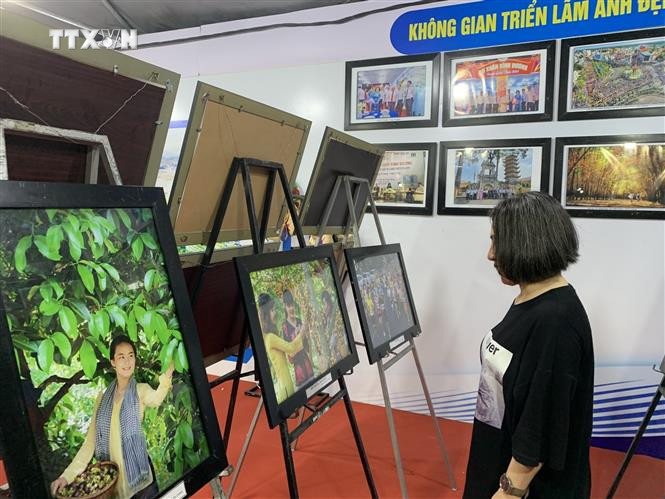 Không gian triển lãm ảnh tại Lễ hội mùa trái chín 2024. Ảnh: Huyền Trang - TTXVN vna_potal_khai_mac_le_hoi_mua_trai_chin_2024_voi_chu_de_“lai_thieu_mua_hen”_7432788.jpg