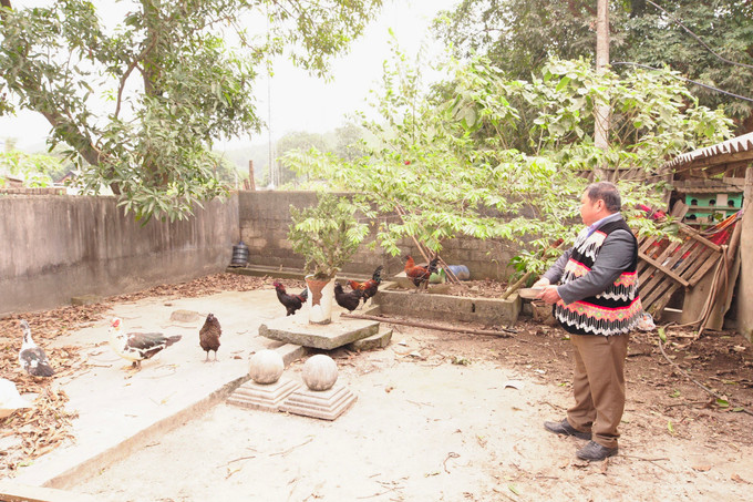 Ông Dương Văn Sình tiên phong trong việc nuôi gà đen bản địa để phát triển kinh tế gia đình. Ảnh: Hương Hiền z5182685552717_82d2ee9d697199e69d45248d97e78aa9.jpg