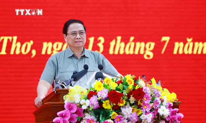 Thủ tướng Chính phủ Phạm Minh Chính phát biểu tại buổi làm việc. Ảnh: Dương Giang - TTXVN vna_potal_thu_tuong_lam_viec_voi_cac_bo_nganh_dia_phuong_ve_thuc_day_ha_tang_giao_thong_khu_vuc_dbscl_7480833.jpg