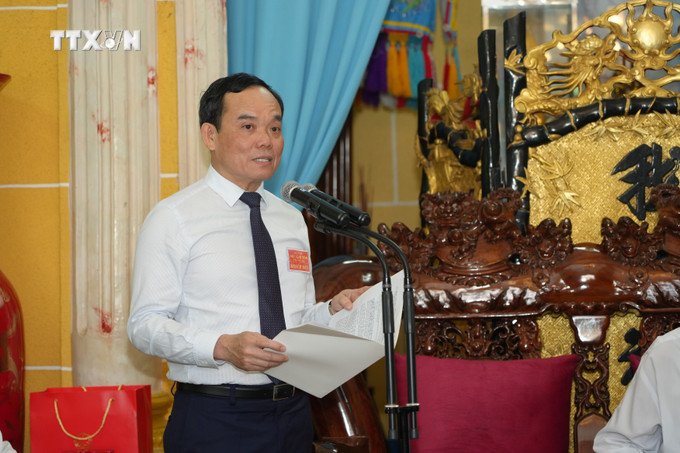 Ủy viên Trung ương Đảng, Phó Thủ tướng Chính phủ Trần Lưu Quang phát biểu chúc mừng Đại lễ Đức Chí Tôn năm Giáp Thìn 2024 của đạo Cao Đài. Ảnh: Minh Phú - TTXVN vna_potal_dai_le_duc_chi_ton_nam_giap_thin_2024_cua_dao_cao_dai_7229879.jpg
