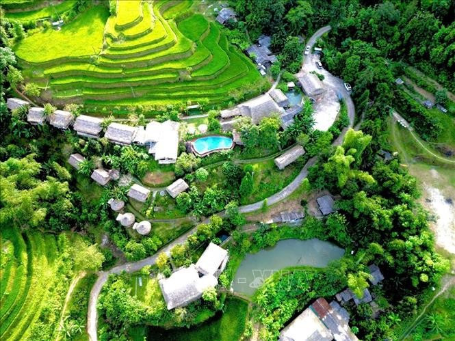 Làng du lịch cộng đồng Nậm Hồng, xã Thông Nguyên (Tuyên Quang) nằm giữa những thửa ruộng bậc thang, tạo thành điểm nhấn độc đáo thu hút du khách. Ảnh: Triệu Quyên/ TTXVN phát mua-vang5.jpg