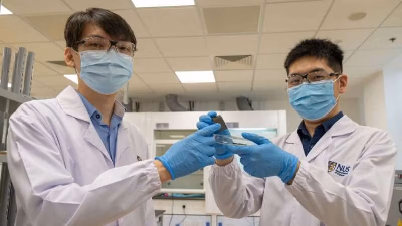Người dẫn đầu nhóm nghiên cứu - PGS Benjamin Tee (trái) cùng cộng sự giới thiệu mẫu vật liệu AiFoam. Ảnh: vjst.vn