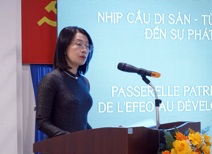 Giám đốc Bảo tàng Điêu khắc Chăm Đà Nẵng Lê Thị Thu Trang phát biểu khai mạc sự kiện.