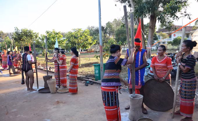Cộng đồng dân tộc S'tiêng tham gia cuộc thi giã gạo trong lễ hội mừng lúa mới tại xã Tân Hưng.