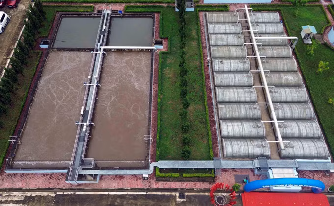 Nhà máy xử lý nước thải thành phố Sơn La nhìn từ trên cao.